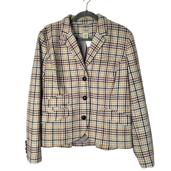 LL Bean 14 English Country Peplum Blazer Plaid Wool Fitted Cream Tan Yellow - Picture 1 of 5